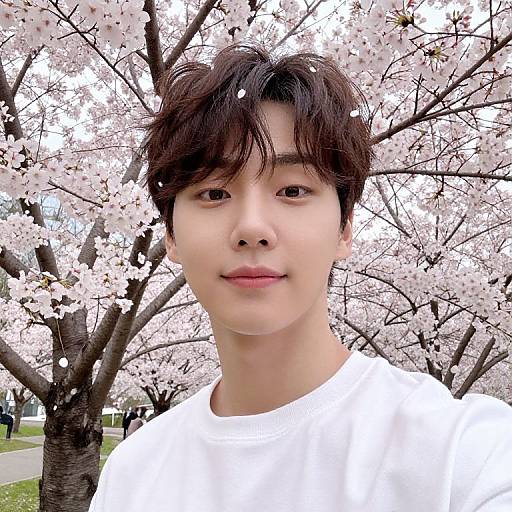 Photograph of a young Asian man with fair skin, dark hair, and brown eyes, wearing a white shirt, standing in front of a blooming