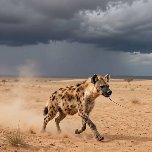 Photograph of a spotted hyena walking in a sandy desert, with dark storm clouds looming overhead, holding a thin rope.