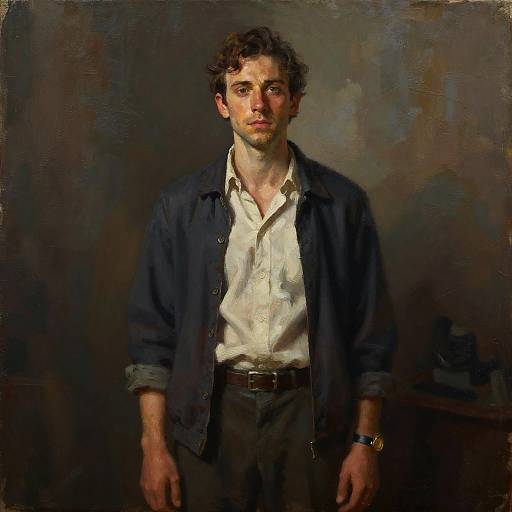 Photorealistic oil painting of a serious, curly-haired white man in a loose blue jacket over a white shirt, standing against a dark, textured background