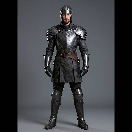 Photograph of a bearded man in full medieval knight armor, including helmet, plate breastplate, gauntlets, and boots, against a gray