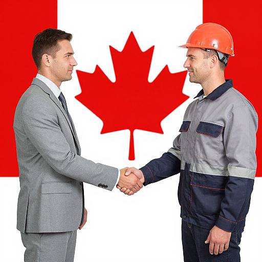Photograph of a businessman in a gray suit shaking hands with a construction worker in a blue and gray uniform, both facing each other, against a Canadian