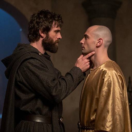Rugged Cloaked Man Confronts Bald Noble