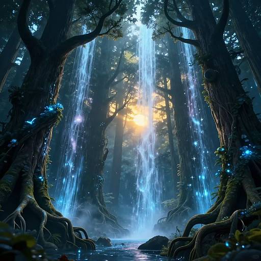 Digital fantasy art: Glowing blue waterfalls cascade through a mystical forest, illuminated by a golden sun, surrounded by bioluminescent fireflies and