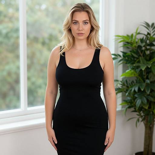 Photograph of a blonde Caucasian woman with wavy hair, wearing a black form-fitting dress, standing in a sunlit room with a green p