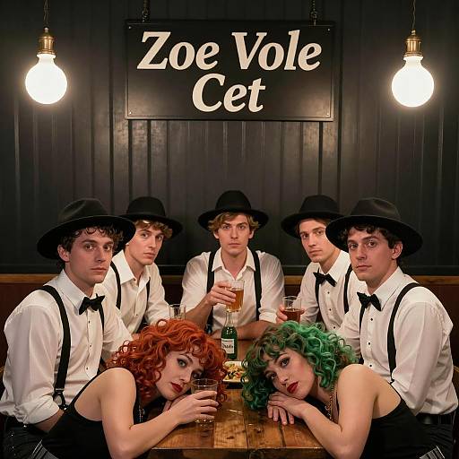 Group of Men and Women in Vintage Attire at Table