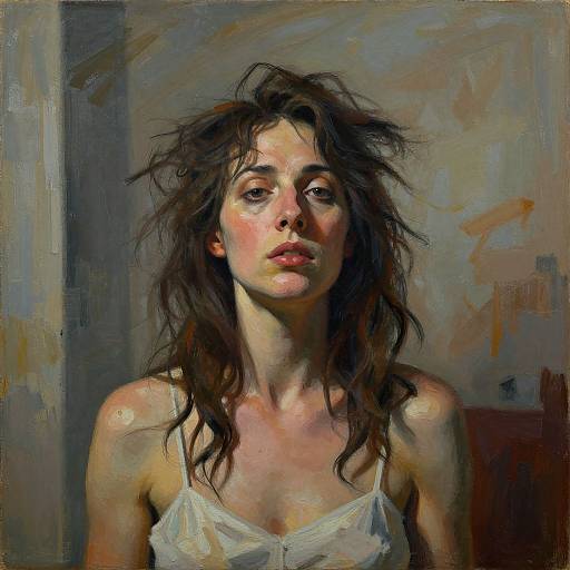 Painting of a young woman with disheveled brown hair, wearing a white spaghetti-strap top, gazing intently with a somber expression