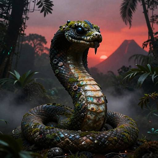 Basalt Apep Statue in Volcanic Twilight