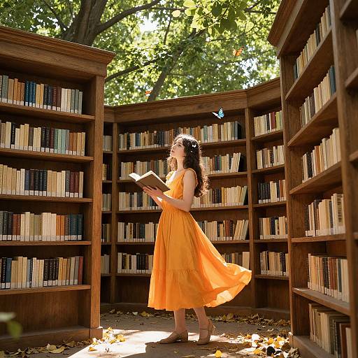 Photograph of a woman with long brown hair in a flowing orange dress, reading a book in a sunlit, wooden library surrounded by bookshelves