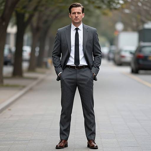 Photograph of a tall, handsome man in a dark gray suit, white shirt, black tie, brown shoes, standing confidently on a city street with