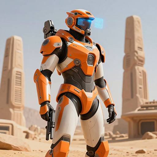 CGI image of an orange and white robotic soldier with glowing blue visor, holding a gun, standing in a desert with tall, ancient structures in