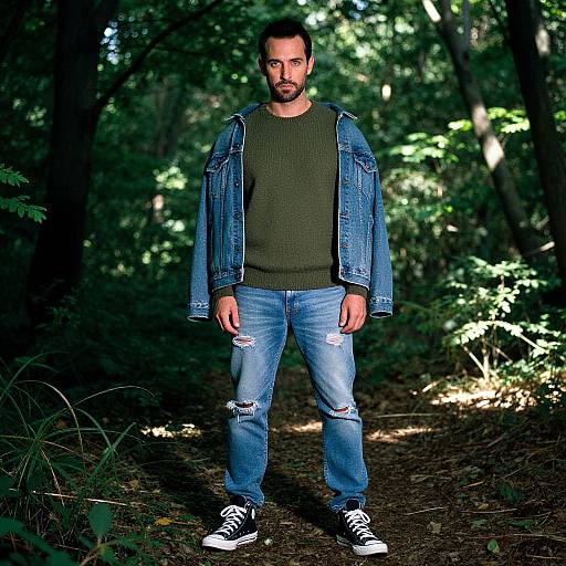 Photograph of a bearded man with dark hair, wearing a green sweater, blue ripped jeans, denim jacket, and black sneakers, standing in a