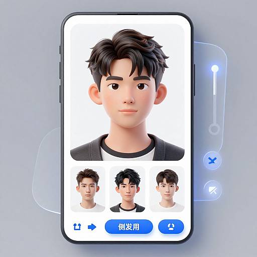 CGI image of a smartphone displaying a digital portrait of an Asian man with black hair, options below, against a light blue background.