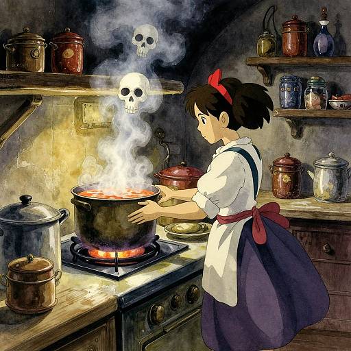 Digital painting of a Japanese woman in a white blouse and purple skirt, cooking a steaming pot with a floating skull in a dim, cluttered kitchen