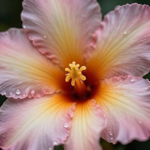 Close-up photograph of a pink hibiscus flower with yellow center, orange gradient, and dewdrops on delicate petals, against dark background.