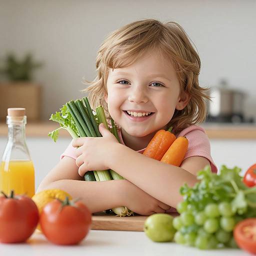 Photograph of a smiling young girl with light brown hair, holding carrots and celery, surrounded by fresh vegetables on a kitchen countertop.