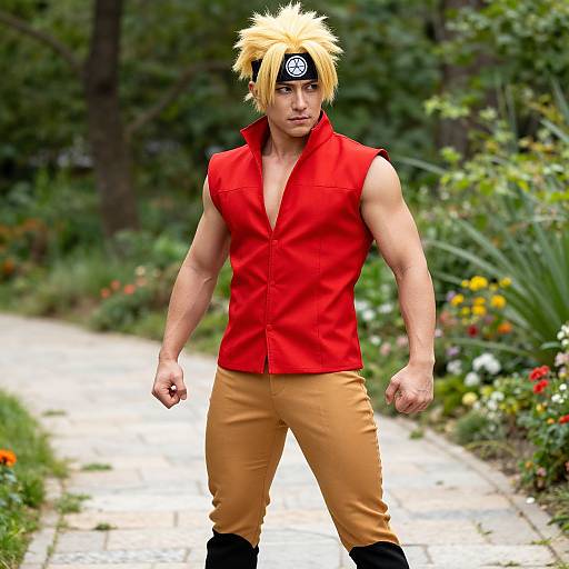 Photorealistic anime-style CGI of a muscular male ninja with spiky blonde hair, red sleeveless shirt, beige pants, black headband, standing