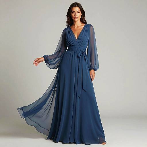 Woman in Elegant Blue Flowing Gown