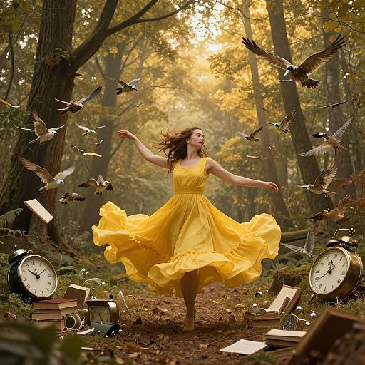Photograph of a smiling woman in a flowing yellow dress, dancing in a forest with birds flying, clock, books, and sunlight filtering through autumn leaves