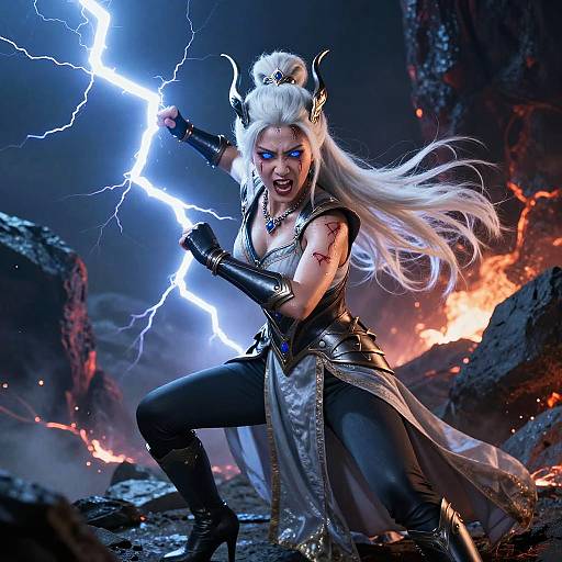 Digital fantasy artwork of a fierce, white-haired female warrior with horns, blue eye makeup, and black armor, wielding a glowing lightning bolt amidst a fiery