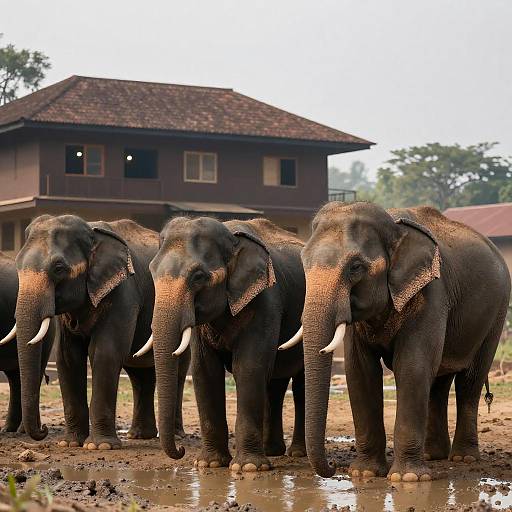 Elephants by a Waterhole at Dusk