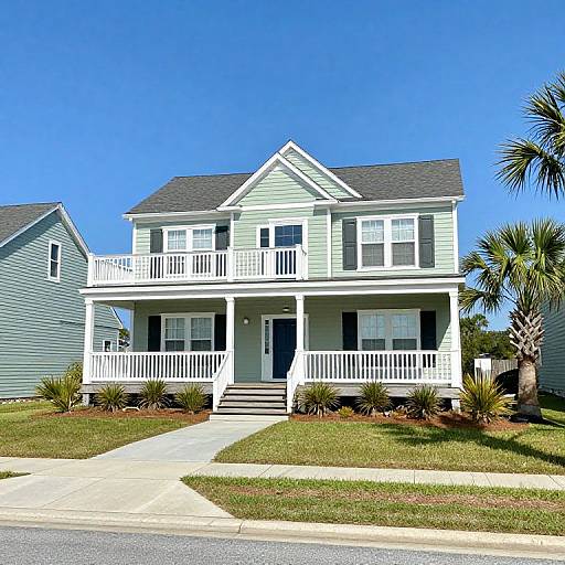 Photograph of a two-story, light blue house with white trim, large front porch, and balcony, set on a grassy lawn with palm trees