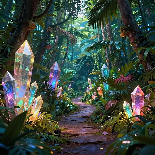 Photorealistic digital art of a lush, enchanted forest path illuminated by vibrant, multicolored crystal geodes nestled among dense greenery.