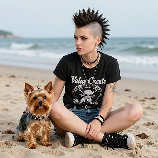 Punk-styled woman with mohawk, black t-shirt, denim shorts, and spiked shoes sits on beach, next to small Yorkshire Terrier.