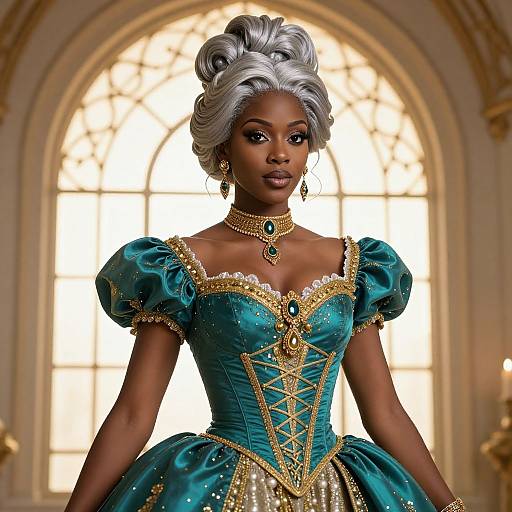 Digital artwork of a beautiful Black woman with silver hair in an elaborate turquoise and gold ball gown, standing in front of a grand arched window. Reg