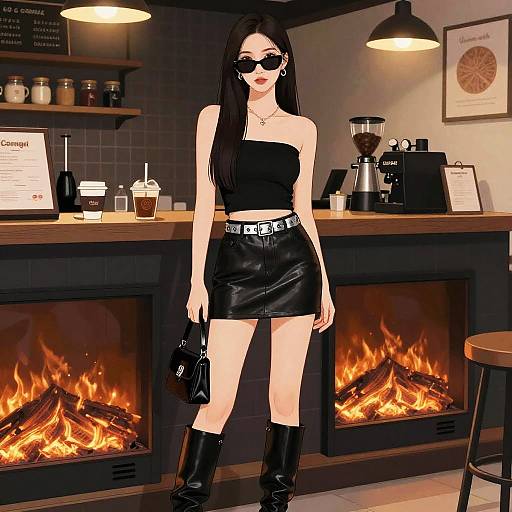 Digital art of a pale-skinned, black-haired woman with sunglasses, black strap top, leather skirt, and boots, standing in a modern, cozy