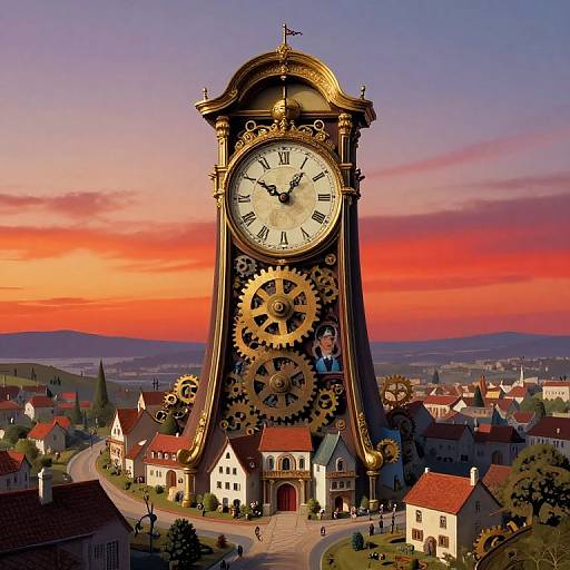 Photograph of a large, ornate, clock tower with gears, set against a colorful sunset sky, overlooking a quaint village with red-roofed