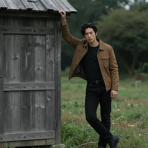 Cinematic Man Leaning on Weathered Shed