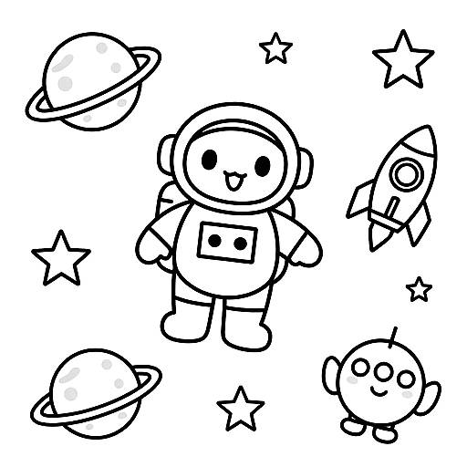 Black and white line drawing of a smiling, simple cartoon astronaut surrounded by rockets, stars, and planetary hats.