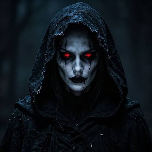 Mysterious, eerie photograph of a hooded figure with white-painted face, black lipstick, and glowing red eyes, set against a dark, blue
