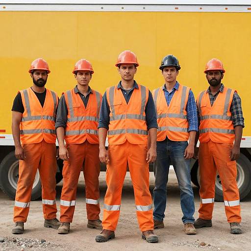 Construction Workers Pose by Yellow Trailer