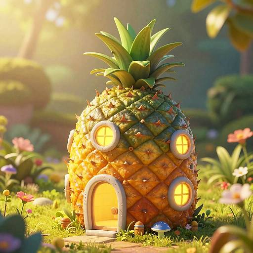 CGI image of a whimsical pineapple house with glowing windows, set in a sunny, colorful garden with flowers and soft light.