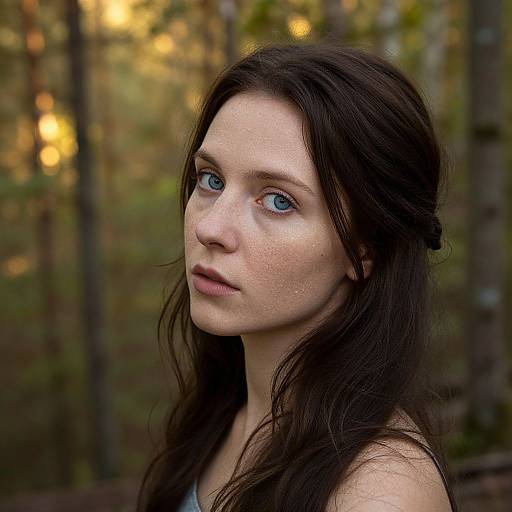Photograph of a young woman with pale skin, blue eyes, and long dark brown hair, standing in a blurred forest background. She gazes thought