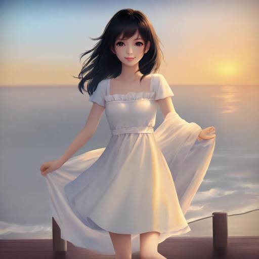 Young Woman in White Dress on Seaside Pier at Sunset