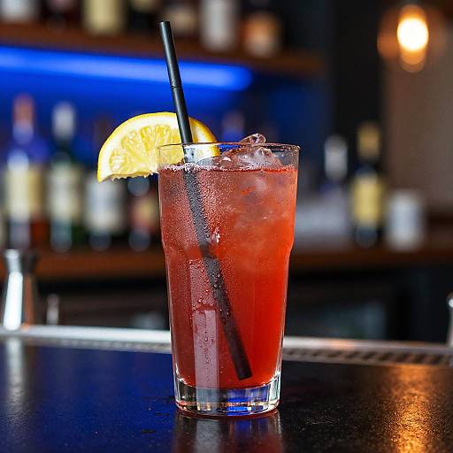 Photograph of a red cocktail with ice, lemon slice, black straw, and condensation, on a bar counter, with blurred liquor bottles in the