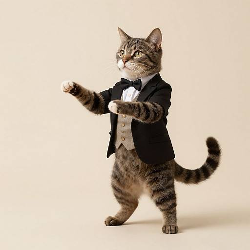 Photograph of a tabby cat in a black tuxedo with bow tie, standing on hind legs, right paw raised, white background.