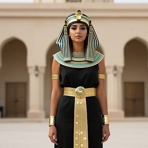 Photograph of a woman in an ancient Egyptian-style black dress with gold and blue striped headdress, gold jewelry, and detailed gold belt, standing in