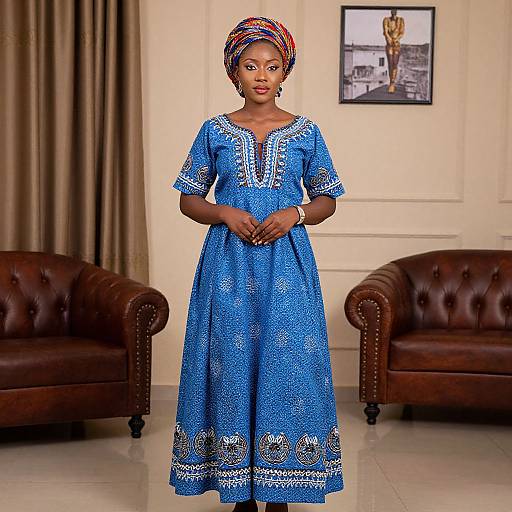 Photograph of a Black woman in a blue, embroidered dress and colorful headwrap, standing between brown leather armchairs, beige curtains, and a