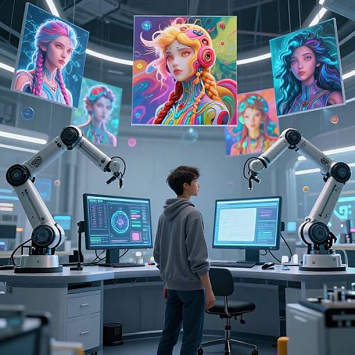 Digital artist in futuristic studio, facing three robotic arms with screens displaying vibrant, surreal portraits of colorful, anime-style women.