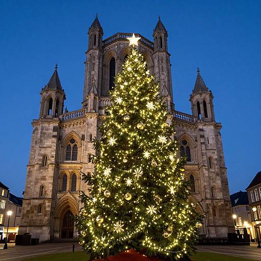 Photograph of a large, illuminated Christmas tree in front of a grand, Gothic-style cathedral against a deep blue evening sky.