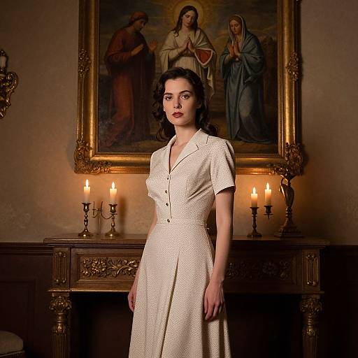Photograph of a pale-skinned woman with dark hair in a white, short-sleeved dress, standing in front of a lit fireplace with candles