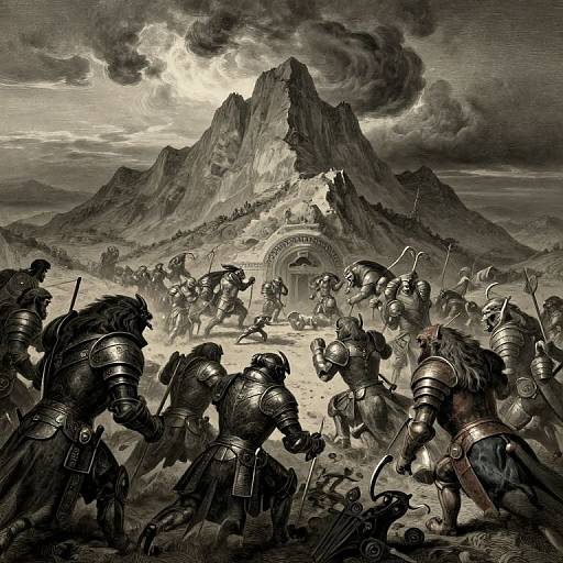 Digital artwork of armored warriors charging toward a mountainous fortress with a dark, stormy sky; intense, dramatic battle scene in grayscale.