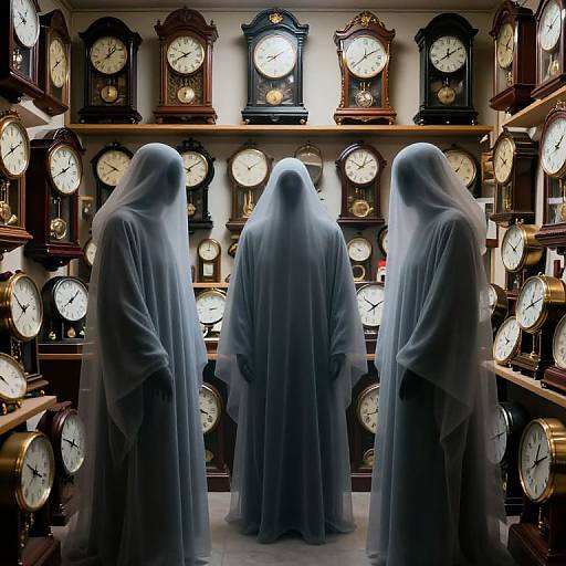 Photograph of three ghostly, white-robed figures standing in front of a wall filled with vintage clocks in a dimly lit room.