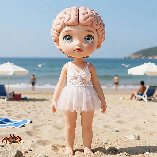 Doll with Brain-shaped Head in Swimsuit on Beach