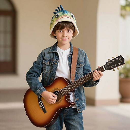 Photograph of a young boy with brown hair wearing a fish hat and denim jacket, playing a sunburst acoustic guitar outdoors.