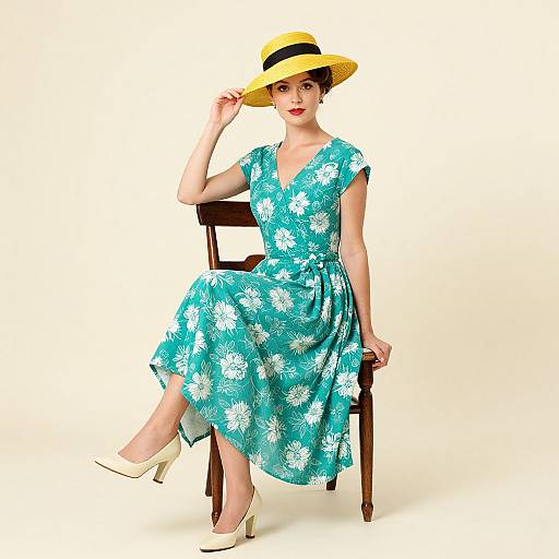 Photograph of a fair-skinned woman in a turquoise floral dress, yellow hat, and white heels, seated on a wooden chair.