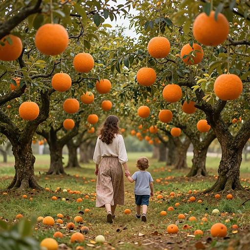 Photograph of a woman and child walking through an orange tree orchard, surrounded by vibrant orange fruits and lush greenery.